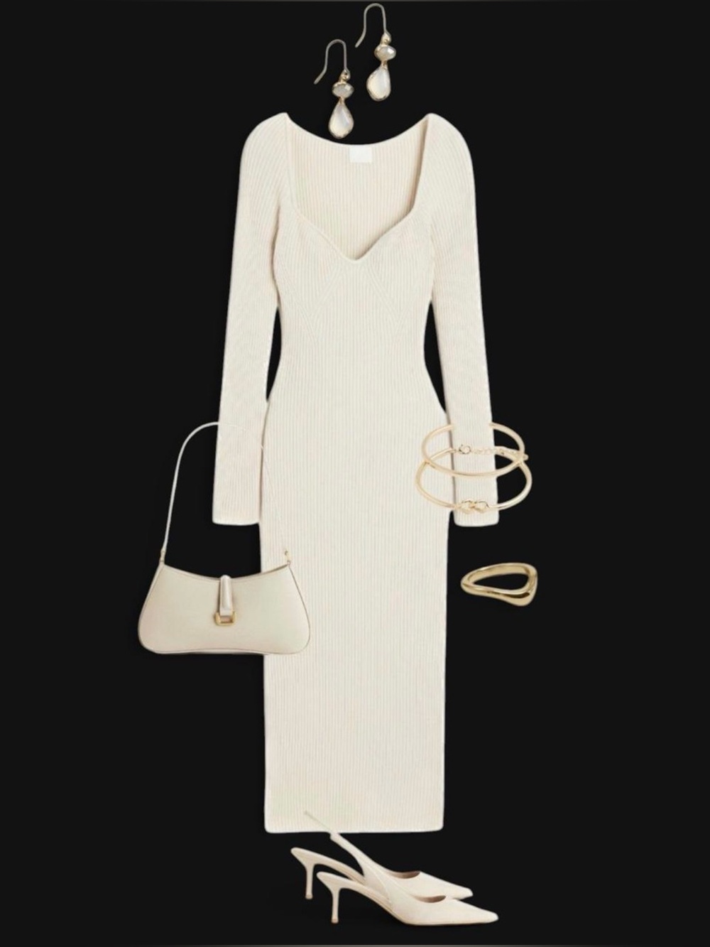H&M Cream Long-Sleeve Ribbed Maxi Sweater Dress